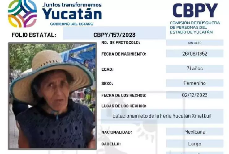Activan boletín de búsqueda en Yucatán para localizar a la señora María Agripina García Martinez