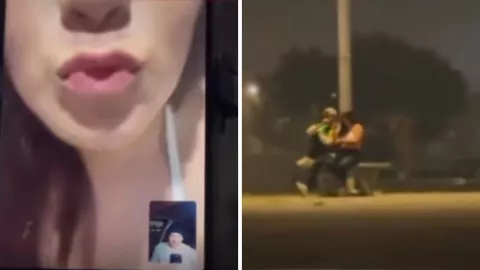 La escena fue captada en un parque mientras la pareja hablaba por videollamada