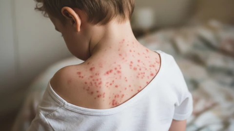 ni&ntilde;o de espaldas con sarampi&oacute;n visible