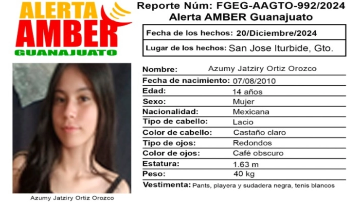 ALERTA AMBER: Azumy Jatziry Ortiz Orozco desapareció en Guanajuato despareció en Guanajuato; la buscan con urgencia