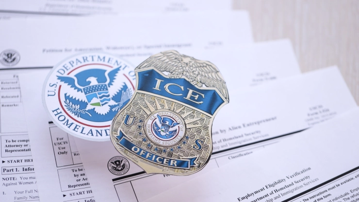 Logos del DHS y el ICE sobre formularios de inmigración