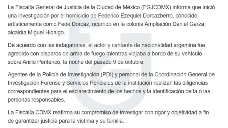 Comunicado de la FGJ CDMX sobre el asesinato de Fede Dorcaz en Periférico, CDMX