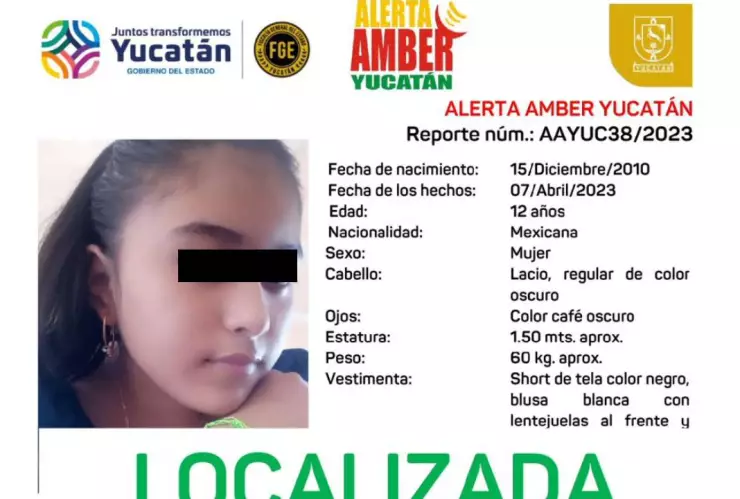 Desactivan Alerta Amber tras hallar a una niña en Yucatán