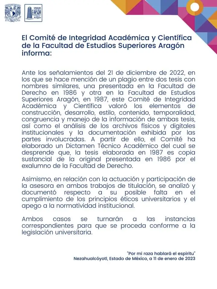 ¿Qué dijo la FES Aragón sobre la tesis de la ministra Yasmín Esquivel?