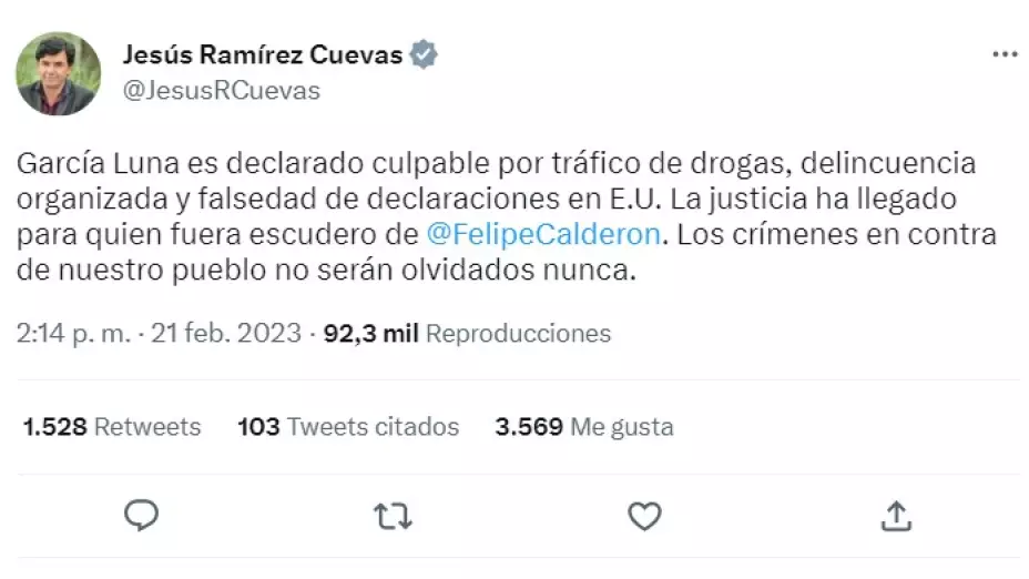 La reacción de Jesús Ramírez Cuevas a Genaro García Luna como culpable por narcotráfico