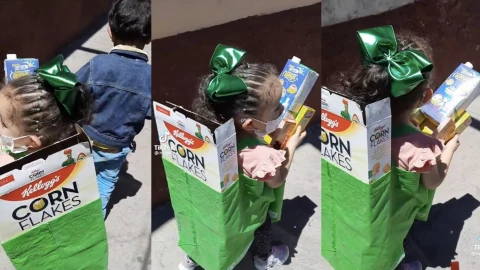 Niña se disfrazada de bolsa de mandado
