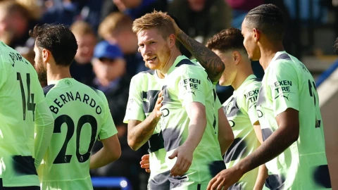 Kevin de Bruyne celebrando su gol ante Leicester City en Premier League 28 de octubre 2022