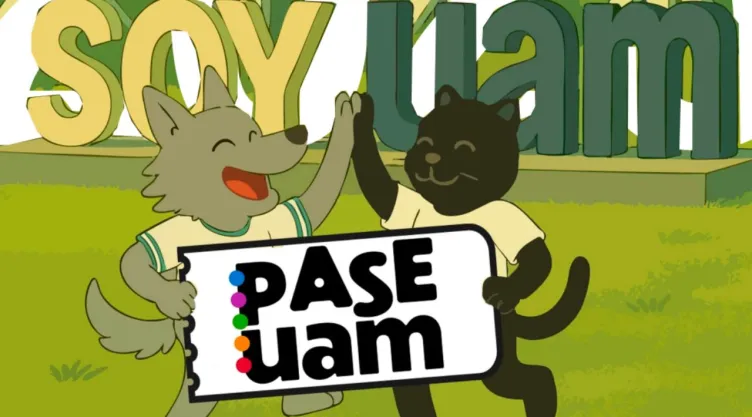 La mascota del Colegio de Bachilleres y la UAM chocando las manos en celebración del Pase UAM 2025.