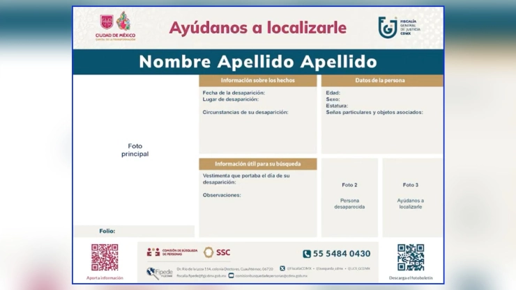 Formato de la ficha de búsqueda de una persona en CDMX.