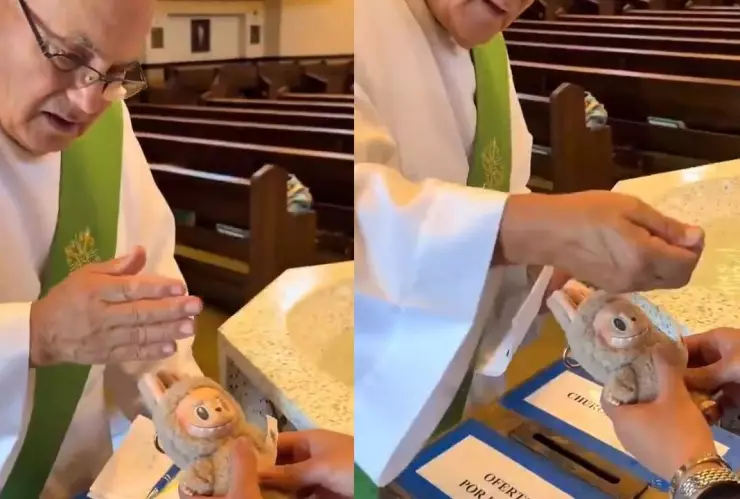 Sacerdote bendice un Labubu con agua bendita y desata críticas