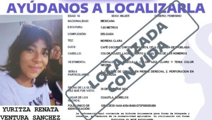 Localizan con vida a Yuritza Renata Ventura Sánchez.
