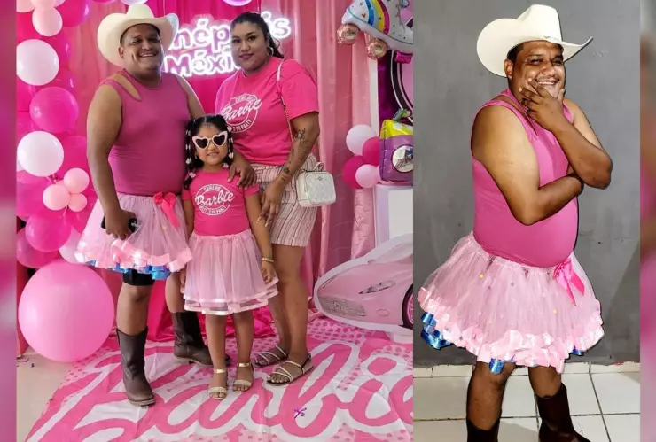 padre se viste con  tutú rosa para película de Barbie
