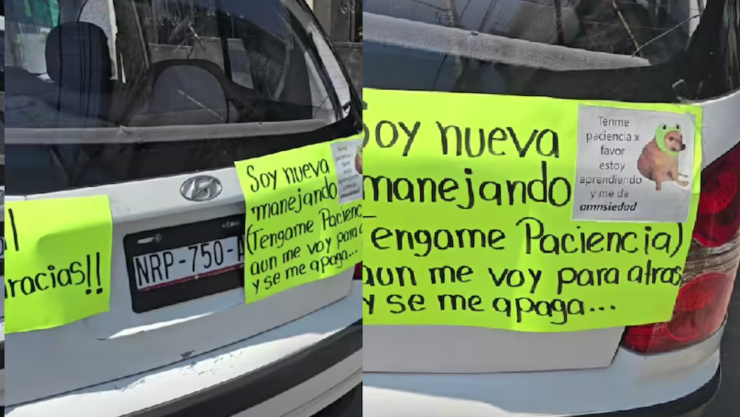 Mujer se viraliza por advertir a conductores que está aprendiendo a manejar