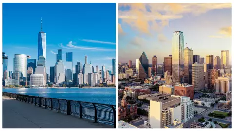 Una vista panor&aacute;mica de la ic&oacute;nica ciudad de Nueva York y la ciudad de Dallas, TX