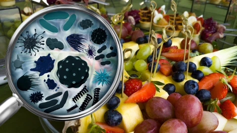 Una lupa sobre un canasto de frutas que indica la presencia de bacterias