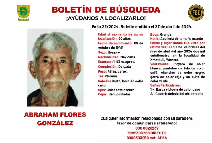 ¿Lo has visto_ Activan boletín de BÚSQUEDA por Abraham Flores en Yucatán.