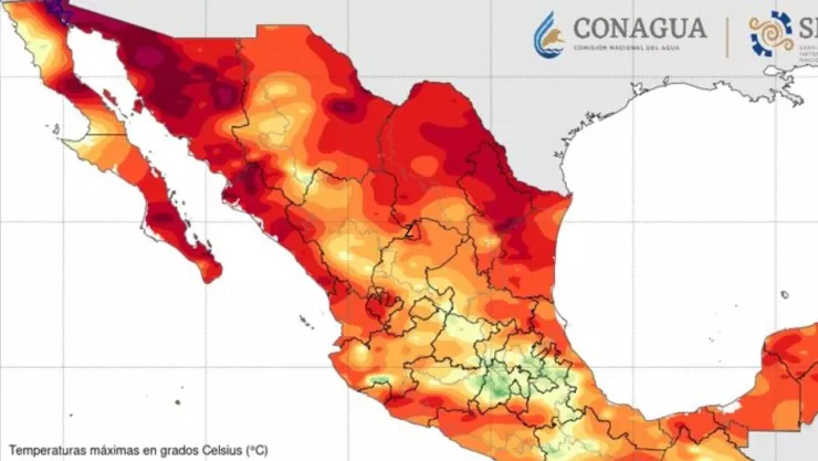 Mapa de la República mexicana que muestra las temperaturas máximas por la ola de calor.