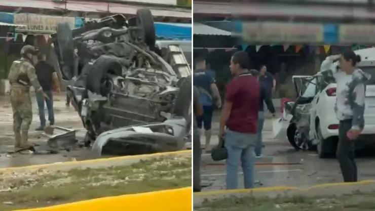 VIDEO: Brutal accidente en el Boulevard Colosio de Cancún HOY deja un auto volcado y fuerte tráfico