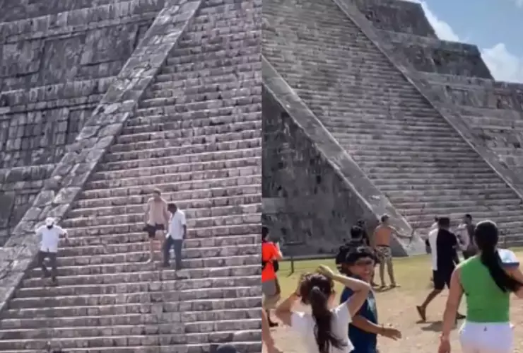 ¿Otra vez? Captan a turista subiendo templo de Chichén Itzá y le pegan con un palo