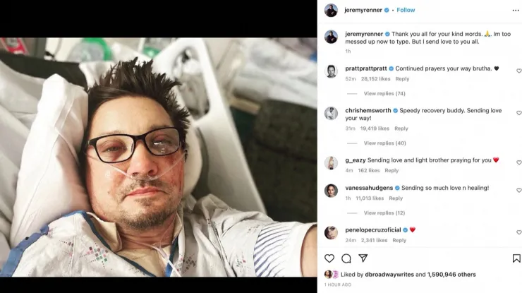 Jeremy Renner se recupera tras accidente; agradece apoyo de sus fans.
