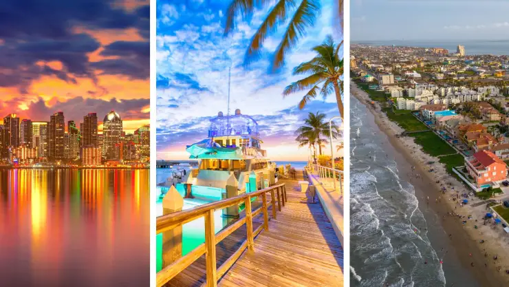 una pantalla dividida en tres de tres icónicas ciudades de Florida, Texas y California.