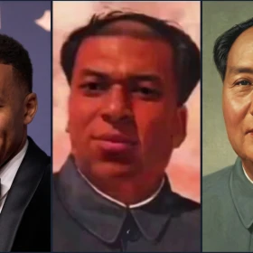 Composición fotográfica de tres paneles que muestra al futbolista Kylian Mbappé a la izquierda, el polémico meme con su rostro editado en el centro y el retrato original del líder chino Mao Zedong a la derecha.