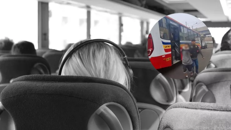 Imagen de pasajeros en un autobús y de captura de pantalla de policía deteniendo a un joven.