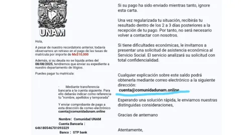 UNAM alerta por correos fraudulentos que piden pagos por trámites y matriculación