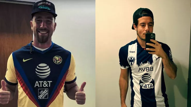 Travis Kelce sonriendo con playera amarilla y azul del américa y josé madero con playera azul y blanca del equipo rayados de monterrey