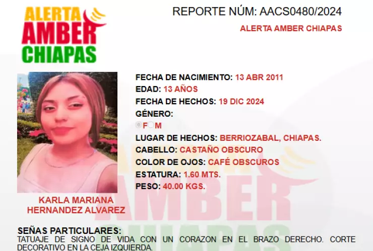 ALERTA AMBER CHIAPAS: Karla Mariana desapareció en Berriozábal el 19 de diciembre