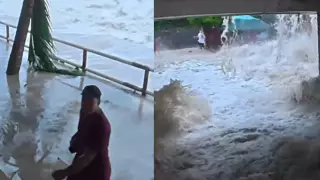 Mar inunda hotel en Filipinas y alcanza a varias personas.
