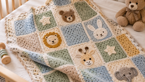 Cobija de cuadros de crochet
