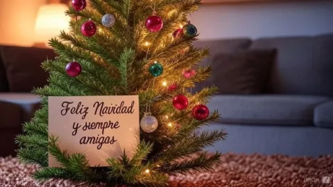 Un árbol de Navidad decorado con esferas de colores y un letrero que indica una linda frase para celebrar las fiestas decembrinas.