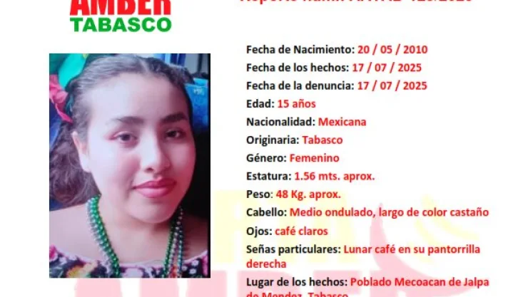 ALERTA AMBER TABASCO: Emily López Díaz desapareció en Jalpa de Méndez, Tabasco