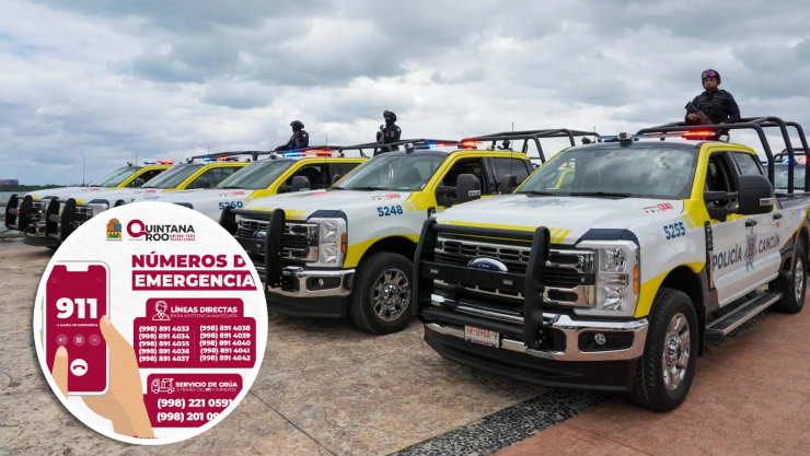 Patrulla de Policía Turística de Cancún estacionada frente al mar Caribe en la Zona Hotelera de Quintana Roo