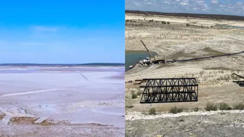 Sin agua, ya se secó la presa Cerro Prieto en Nuevo León, México.