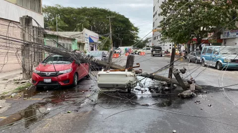 Cae poste sobre un auto en Veracruz