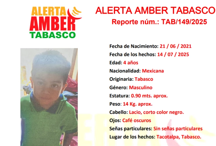 ALERTA AMBER TABASCO: Ismael López Hernández desapareció en Tacotalpa, Tabasco