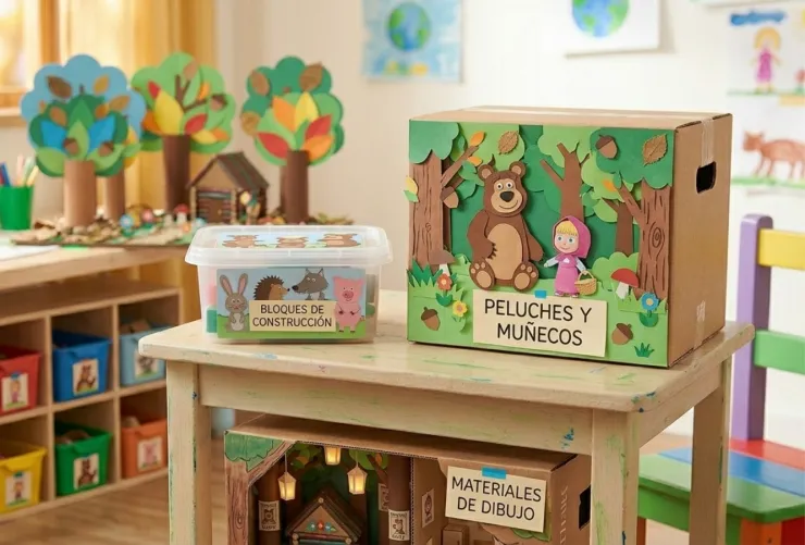 Crea cajas decoradas de Masha y el Oso designadas para cada uno de sus juguetes en su habitación.