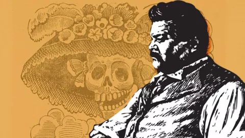 Jose Guadalupe Posada junto a su creación La calavera garbancera