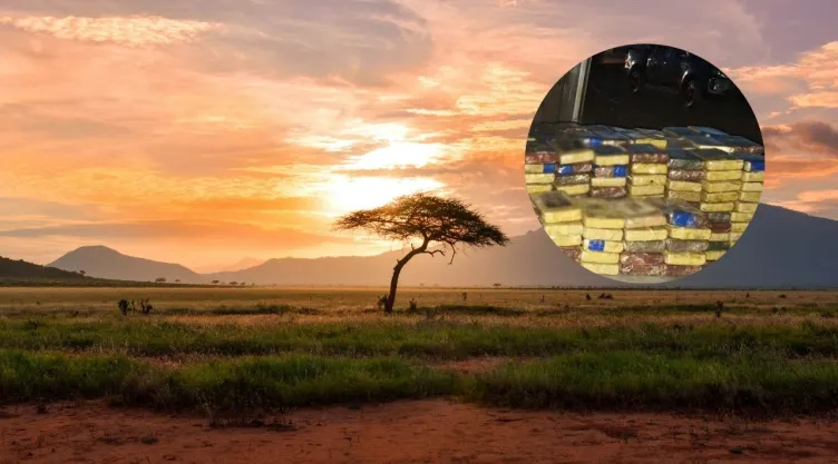 Imagen de paisaje de África y paquetes de droga.