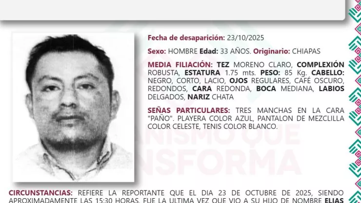 Elías Sánchez Gutiérrez fue visto por última vez en Berriozábal, Chiapas