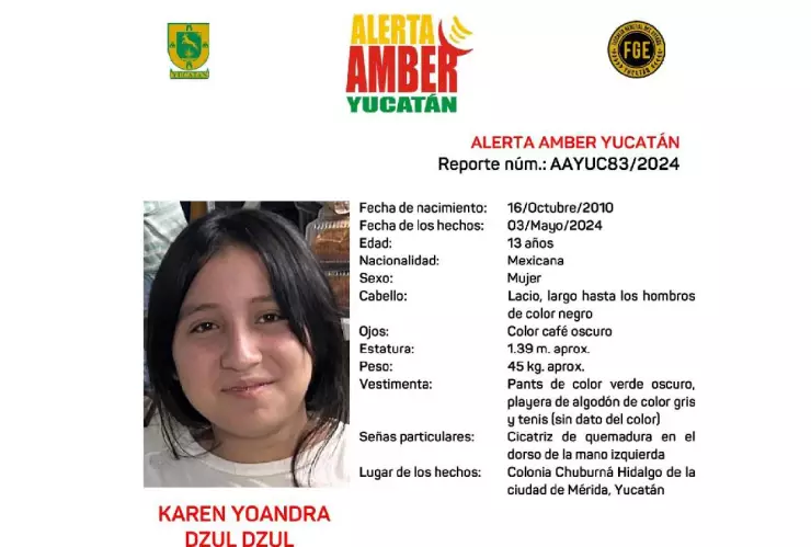 Alerta Amber_ Piden ayuda para localizar a la menor Karen Dzul, desaparecida en Yucatán.