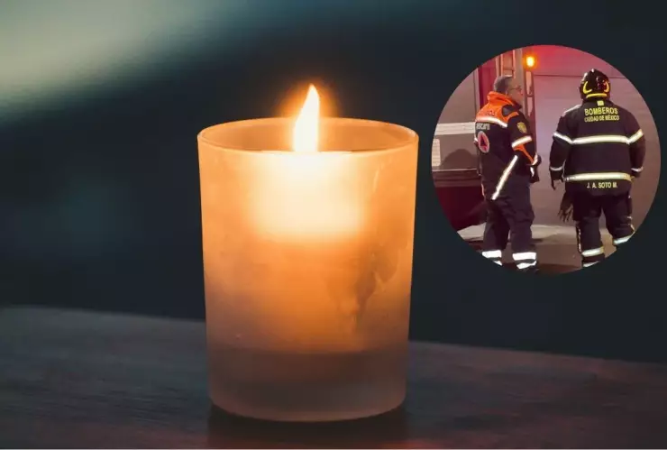 Imagen de veladora y de dos bomberos en la CDMX.