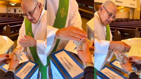 VIDEO: Sacerdote le hace exorcismo a muñeco Labubu y causa miedo