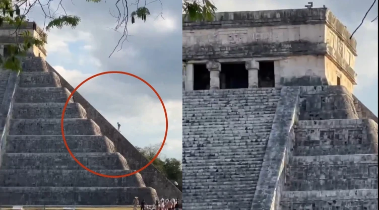 turista se sube a la pirámide de chichen itza en Yucatán