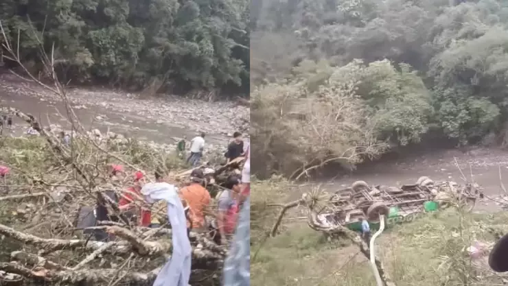 Con las llantas hacia arriba: Así luce la zona del trágico accidente de autobús en Zontecomatlán