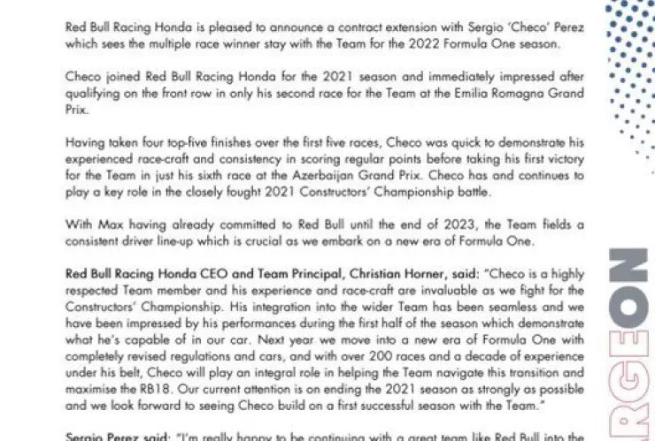 Red Bull Racing anunció la extensión de contrato con Sergio “Checo” Pérez