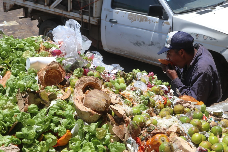 Un señor come una papaya que se encontraba en los desechos orgánicos en la Central de Abastos