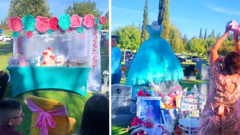 Familia celebra los XV años de jovencita en el panteón